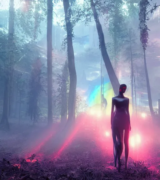 Image similar to daydreaming of the maiden with fuidity transparent dress in the blockchain cyberpunk forest by maciej kuciara, majestic light, octane render, fog, ethereal glare of the sun, rainbow rain, volumetric lighting, hyperealistic, epic, masterpiece