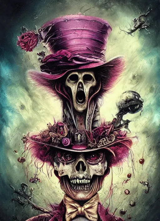 Image similar to mad hatter, alien, skull, highly detailed, cinematic, 8 k, by megan duncanson, benjamin lacombe, adrian borda, stanley artgermm, tom bagshaw, craig mullins, carne griffiths, ayami kojima, beksinski, giger, trending on deviantart, hyper detailed, horror, full of colour