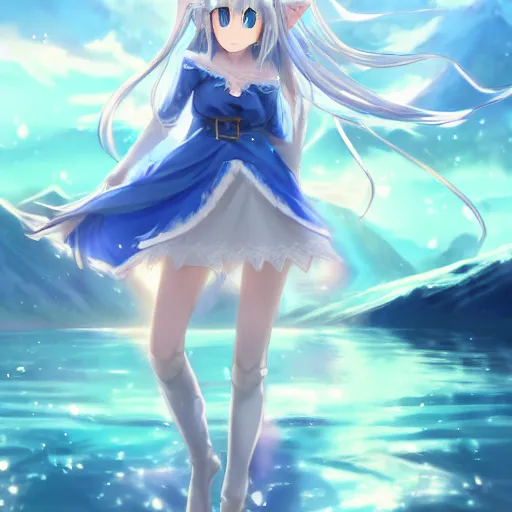 Image similar to a very beautiful anime elf girl, full body, long straight silver hair, smile, sky blue eyes, full round face, short smile, casual clothes, ice snowy lake setting, cinematic lightning, medium shot, mid-shot, highly detailed, trending on Artstation, Unreal Engine 4k, cinematic wallpaper by Stanley Artgerm Lau, WLOP, Rossdraws, James Jean, Andrei Riabovitchev, Marc Simonetti, and Sakimichan