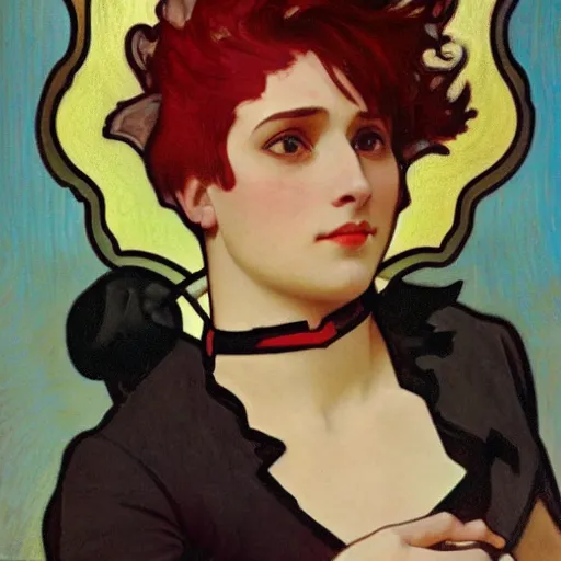 Image similar to portrait of a nonbinary actor with tanned skin and spiky short red hair wearing a men's suit, she has elf ears and gold eyes, by Alphonse Mucha and Grant Wood