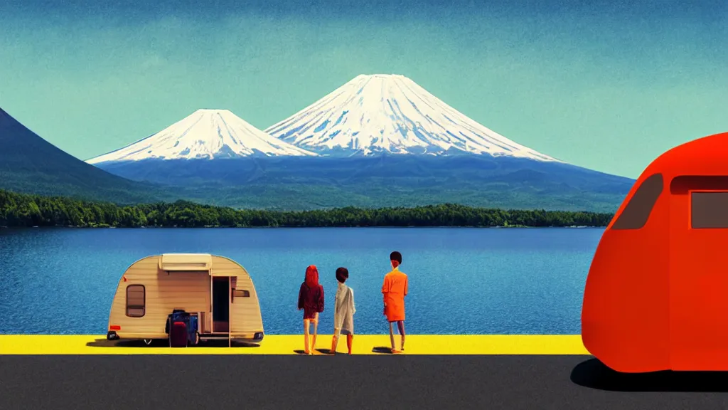 Image similar to a scene of two travellers and their camper touring at yamanaka lake, reflecting mount fuji, japan, a collage painting, in the style of wes anderson, lola dupre, david hockney, isolated on negative white space background dark monochrome neon spraypaint accents volumetric octane render