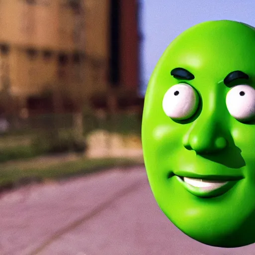 Image similar to photo of the green m & m with the face of borat