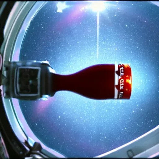 Prompt: Dr. Pepper floating in space, viewed through the window of a spaceship, cinematic stillframe, with JJ Abrams sunflares