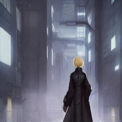 Image similar to concept art by greg rutkowski, a very tall and slender woman with blond hair, talking to a very tall and slender man with short black hair, brutalist futuristic interior, dark lighting atmosphere, detailed portraits, nostalgic atmosphere, scifi, digital painting, artstation, concept art, smooth, sharp foccus ilustration, artstation hq