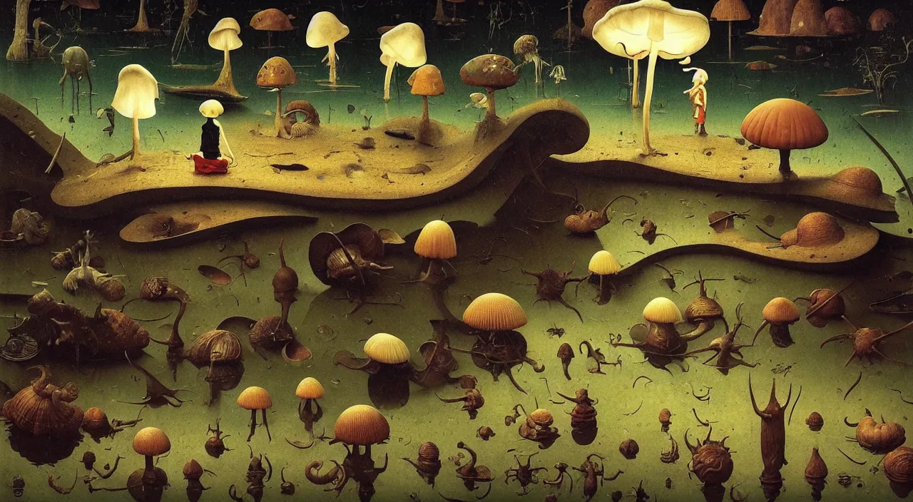 Image similar to single flooded simple!! snail toadstool anatomy, very coherent and colorful high contrast masterpiece by norman rockwell franz sedlacek hieronymus bosch dean ellis simon stalenhag rene magritte gediminas pranckevicius, dark shadows, sunny day, hard lighting