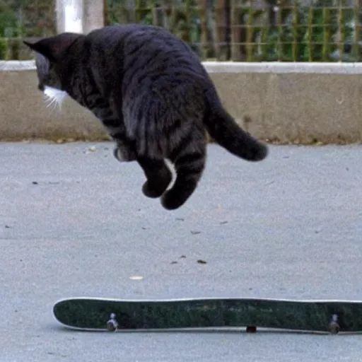 Prompt: photograph of a cat doing a wicked extreme skateboard trick