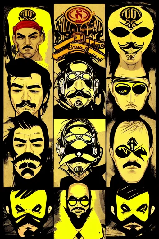 Image similar to gang saints wear yellow bandanas, and some of them have thick mustaches, concept art, pop art style, dynamic comparison, proportional, bioshock art style, gta chinatowon art style, hyper realistic, face and body features, without duplication noise, complicated, sharp focus, intricate, concept art, art by argerm dan richard hamilton