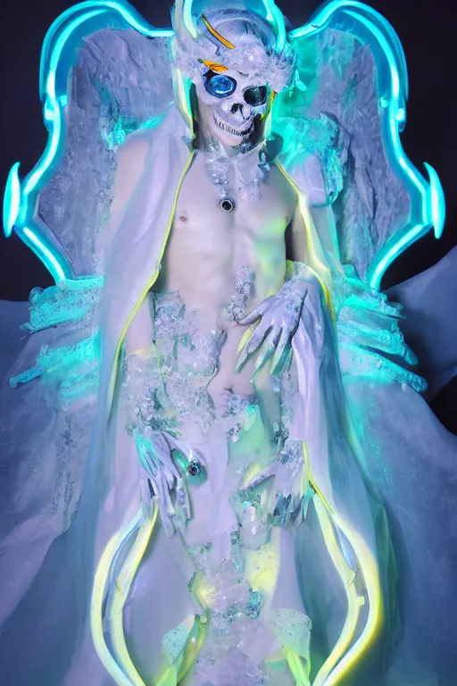 Image similar to photo of fullbody rococo and cyberpunk delicate neon crystalline sculpture of seductive muscular onyx albino marble prince camilo echeverry teal iridescent humanoid deity wearing yellow plastic hooded cloak holding an onyx skull in a onyx space dungeon, reclining, glowing yellow face, crown of white diamonds, cinematic lighting, photorealistic, octane render 8 k depth of field 3 d