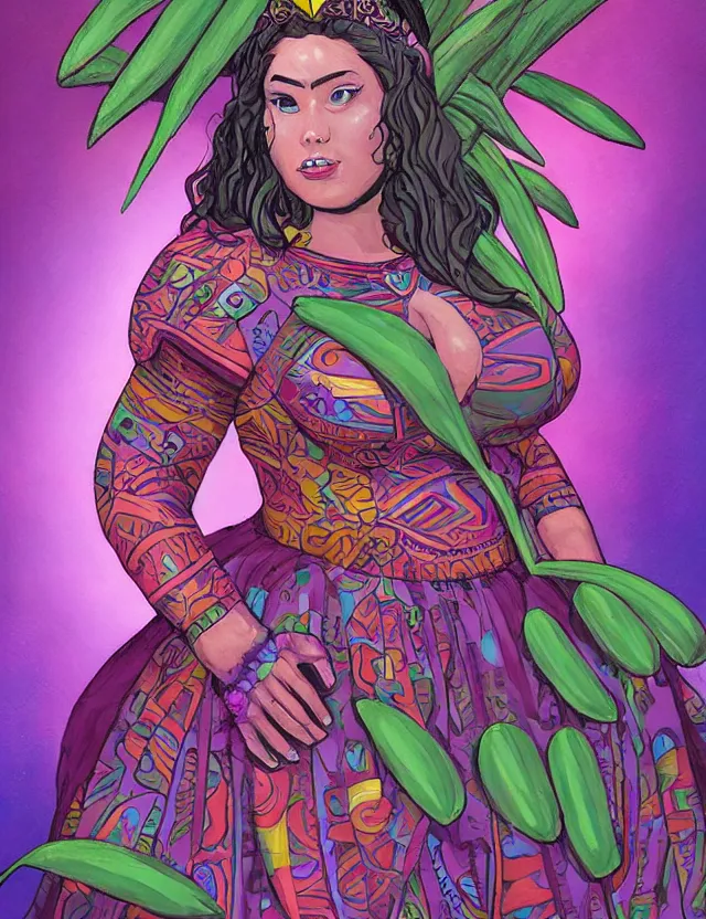 Prompt: plump aztec scifi princess of the orchid rainforest, wearing a lovely dress. this oil painting by the beloved children's comic artist has an interesting color scheme and impeccable lighting.