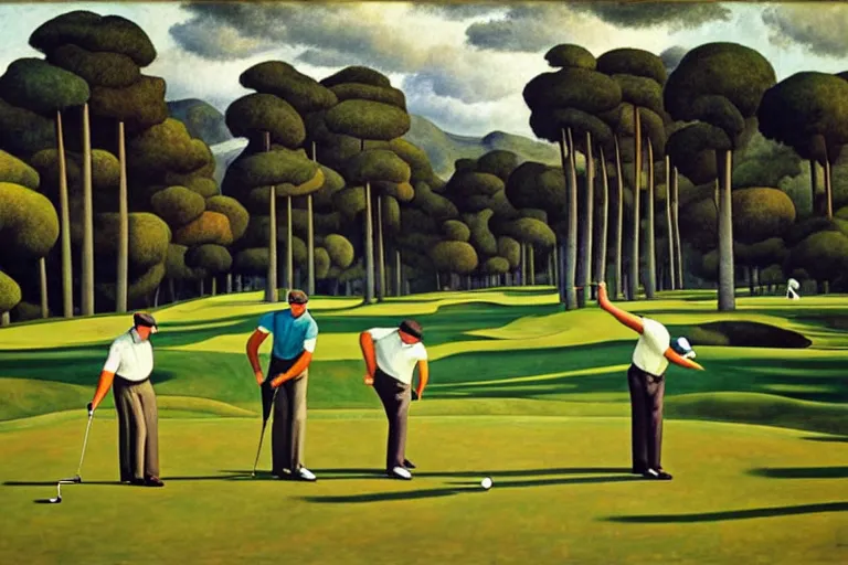 Prompt: Three golfers on a beautiful golf course driving range, by Diego Rivera