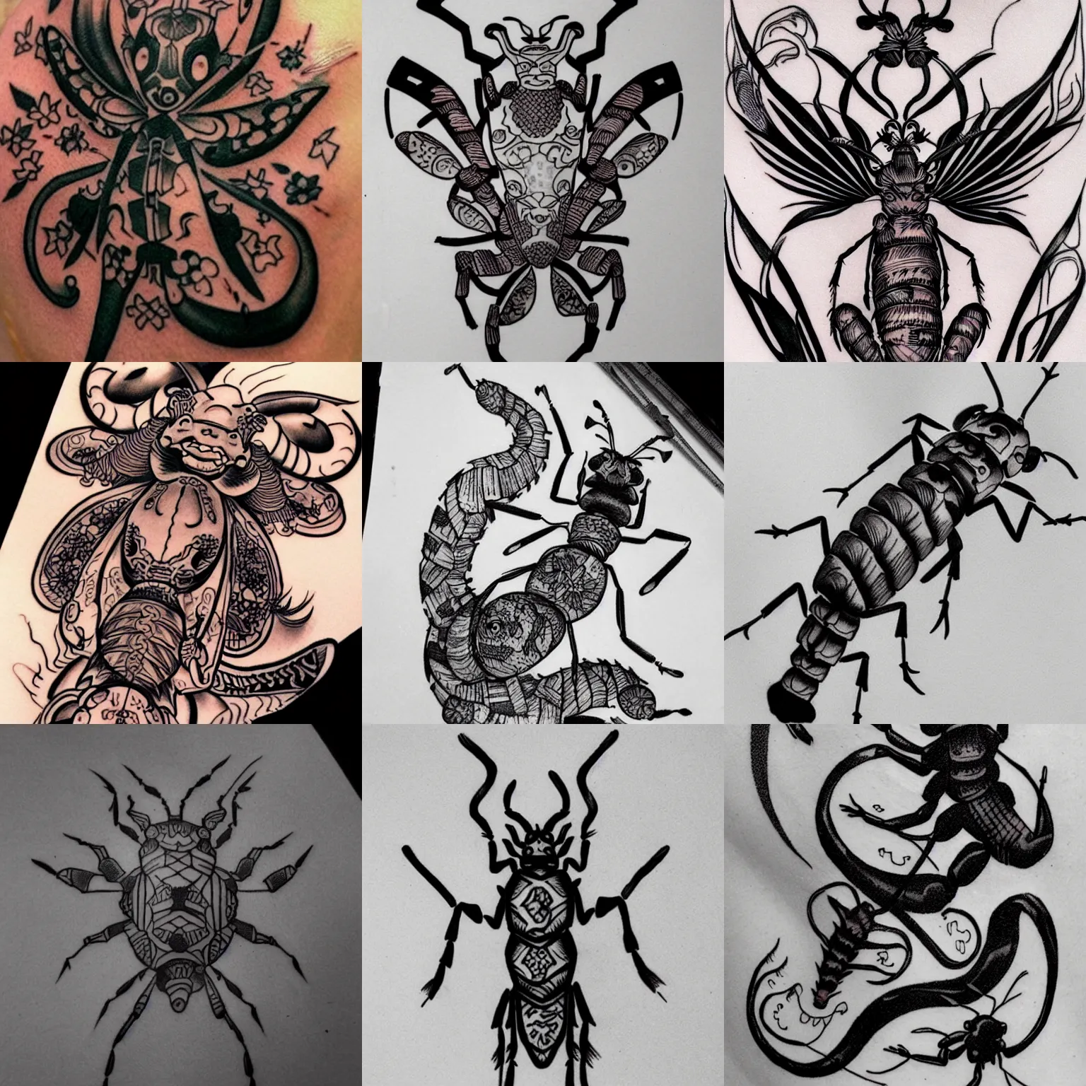Prompt: elaborate irezumi tattoo concept of an ant, tattoo sketch, ink, coherent