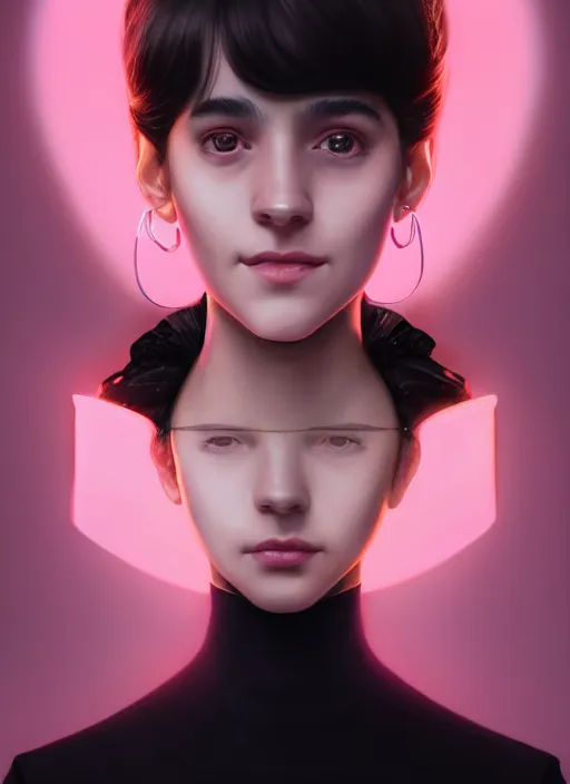 Image similar to portrait of high school girl, realistic, black hair, bangs, half updo hairstyle, pointy nose, skinny, smile, ugly, defined jawline, big chin, pink hair bow, earrings, intricate, elegant, glowing lights, highly detailed, digital painting, artstation, sharp focus, illustration, art by wlop, mars ravelo and greg rutkowski