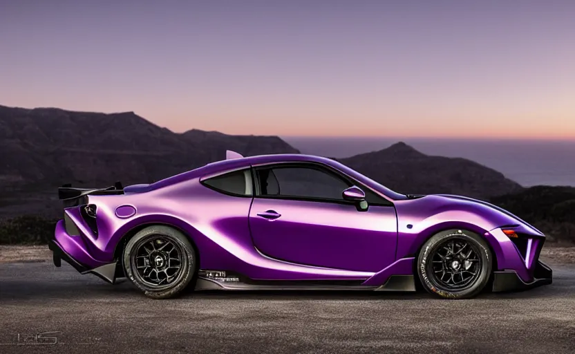 Image similar to Midnight purple 2 2022 Toyota gr86 with a widebody kit on a canyon drive at sunset overlooking the ocean, photorealistic render, 16k, trending on artstation, center focus, rule of thirds, octane render, volumetric lighting