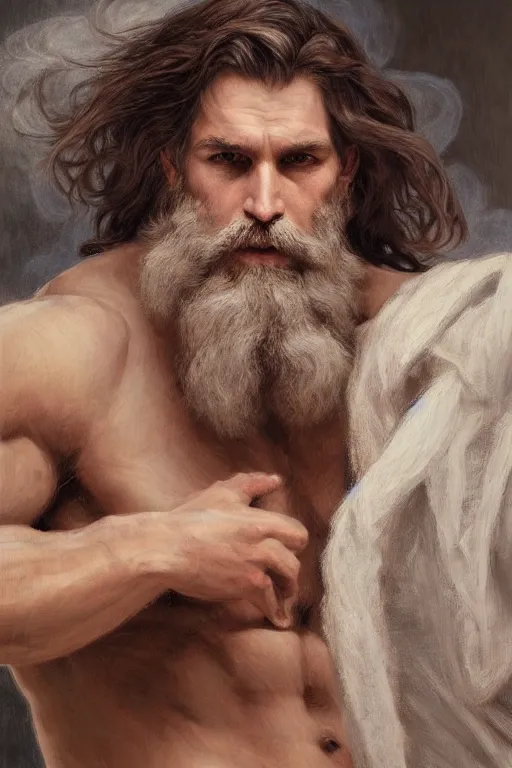 Image similar to painted portrait of rugged zeus, god of thunder, greek god, white hair, masculine, mature, handsome, upper body, flowy robe, muscular, hairy torso, fantasy, intricate, elegant, highly detailed, digital painting, artstation, concept art, smooth, sharp focus, illustration, art by gaston bussiere and alphonse mucha