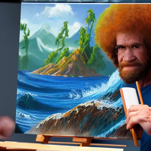 Prompt: a closeup photorealistic photograph of bob ross working on a canvas painting of aquaman. film still. brightly lit scene. mountains and trees. this 4 k hd image is trending on artstation, featured on behance, well - rendered, extra crisp, features intricate detail, epic composition and the style of unreal engine.