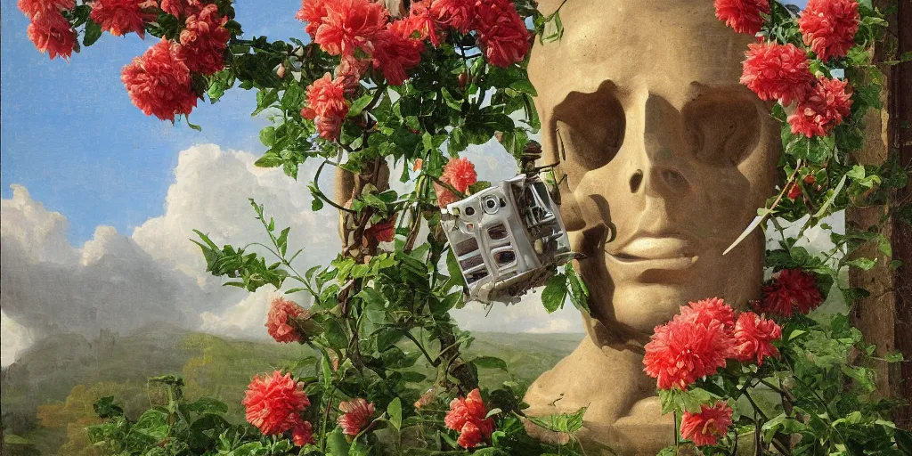 Image similar to robot head with flowers growing out, Thomas Cole, wide angle, minimalistic, highly detailed, masterpiece