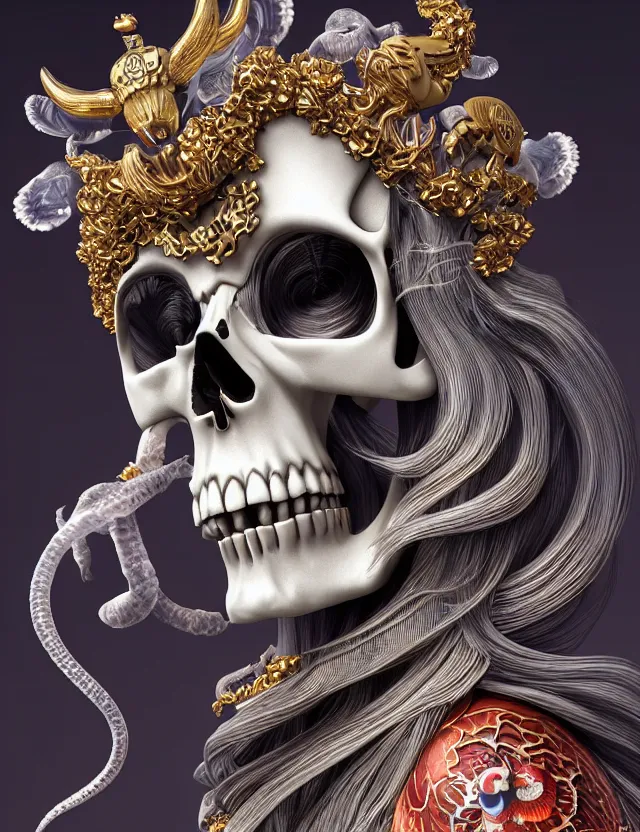 Image similar to 3 d goddess close - up profile skull biohazard portrait with crown, ram skull. beautiful intricately detailed japanese crow kitsune mask and clasical japanese kimono. betta fish, jellyfish phoenix, bio luminescent, plasma, ice, water, wind, creature, artwork by tooth wu and wlop and beeple and greg rutkowski