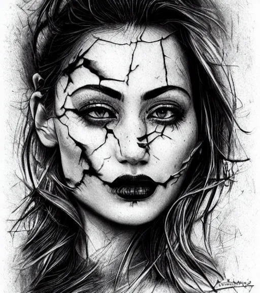 Image similar to amazing blend effect of beautiful mountain scenery with a beautiful woman face, tattoo design sketch, hyper - realistic, in the style of matteo pasqualin, amazing detail, black and white