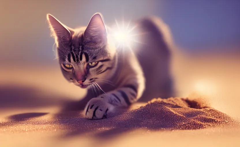 Image similar to a cat playing with sand. daylight. sunlight. lens flare. light fixtures. 8K. detailed. photorealism. artstation. 25mm f/1.7 ASPH Lens. ultra realistic