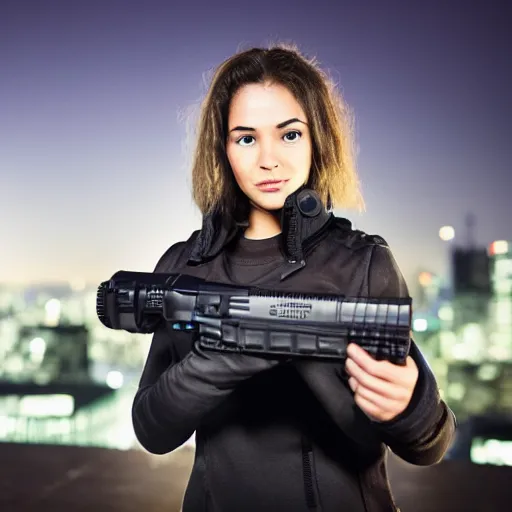 Image similar to photographic portrait of a techwear woman holding a Glock 18, closeup, on the rooftop of a futuristic city at night, sigma 85mm f/1.4, 4k, depth of field, high resolution, 4k, 8k, hd, full color