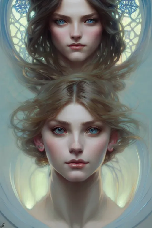 Image similar to Portrait of astonishingly beautiful girl, blue eyes, face, fantasy, intricate, elegant, highly detailed, digital painting, artstation, concept art, smooth, sharp focus, illustration, art by artgerm and greg rutkowski and alphonse mucha