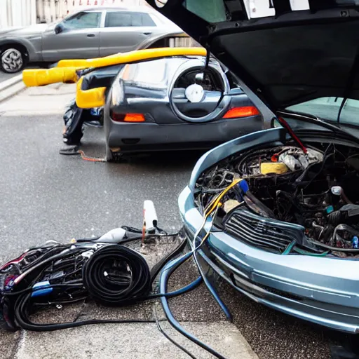 Prompt: a photo under a car's hood with a clear view of the the battery with jumper cables connected to the battery poles