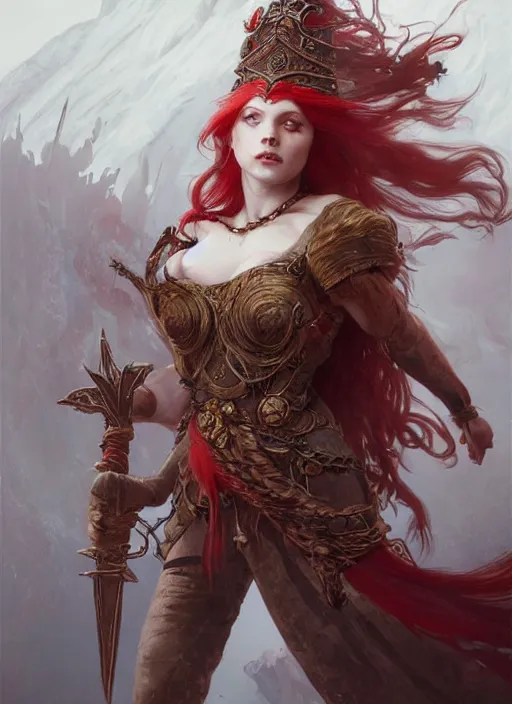 Image similar to A gorgeous Norse Goddess dressed in barbaric fashion with red hair, fantasy, intricate, elegant, highly detailed, D&D, digital painting, artstation, concept art, matte painting, sharp focus, illustration, in the style of Greg Rutkowski and Alphonse Mucha and artemisia gentileschi