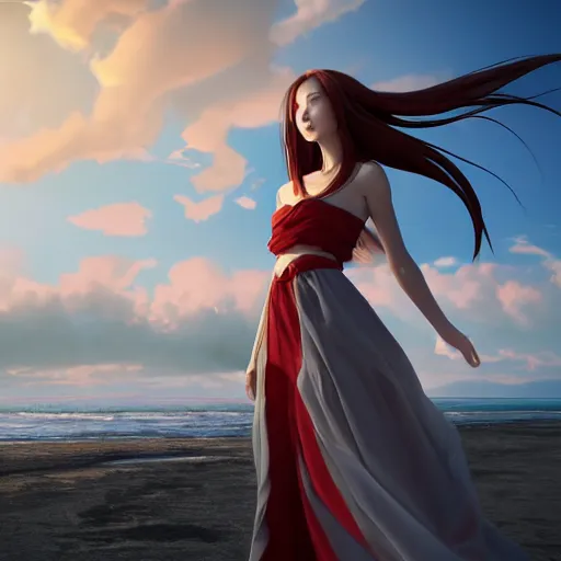 Image similar to octane render panoramic shot of a beautiful anime girl in a long white dress on a beach. Red hair, dramatic lighting, trending on artstation. Pixiv, Hyperdetailed, Ultra HD, WLOP, Rossdraws, James Jean Marc Simonetti, Ruan Jia and Mandy Jurgens and Artgerm and William-Adolphe Bouguerea, Sakimichan, Yuru camp, Illustration, digital art, concept art, manga cover