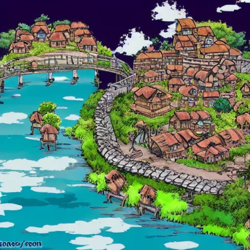 Image similar to village by a river in the style of Eiichiro Oda