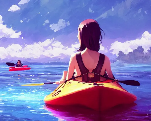 Prompt: a girl in a kayak in a river. blue water, atmospheric lighting. by makoto shinkai, stanley artgerm lau, wlop, rossdraws, james jean, andrei riabovitchev, marc simonetti, krenz cushart, sakimichan, d & d trending on artstation, digital art.