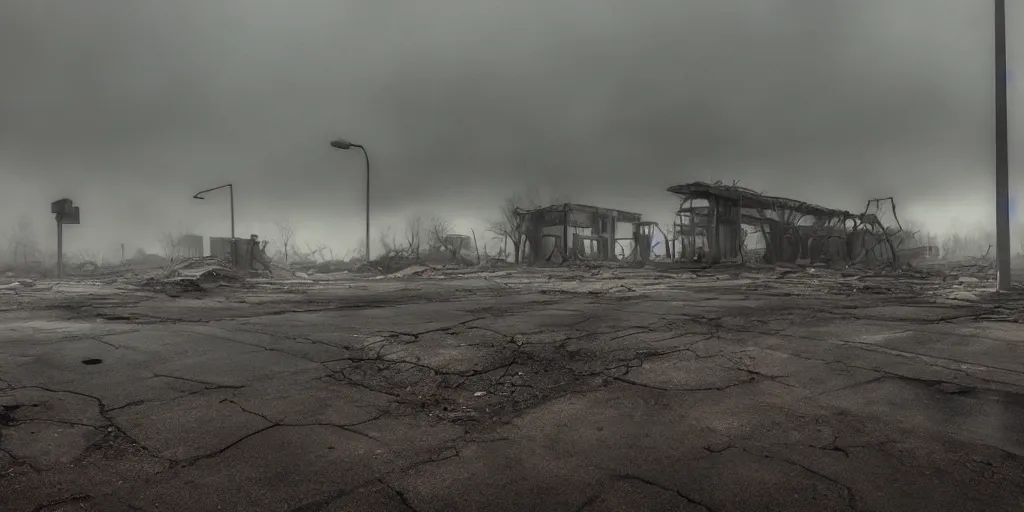 Image similar to a melancholic post-apocalyptic ruins of a gas station, destroyed by nuclear war, mutants creatures swarming, atmosphere of silent hill, 8k, cinematic lighting, hd wallpaper, fog, Todd Hido