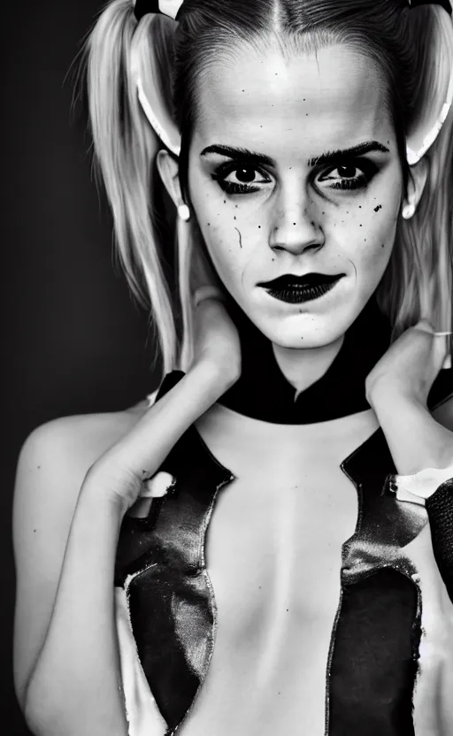 Prompt: Emma Watson as Harley Quinn, glowing, dramatic, cinematic, Sony a7R IV, symmetric balance, polarizing filter, Photolab, Lightroom, 4K, Dolby Vision, Photography Award