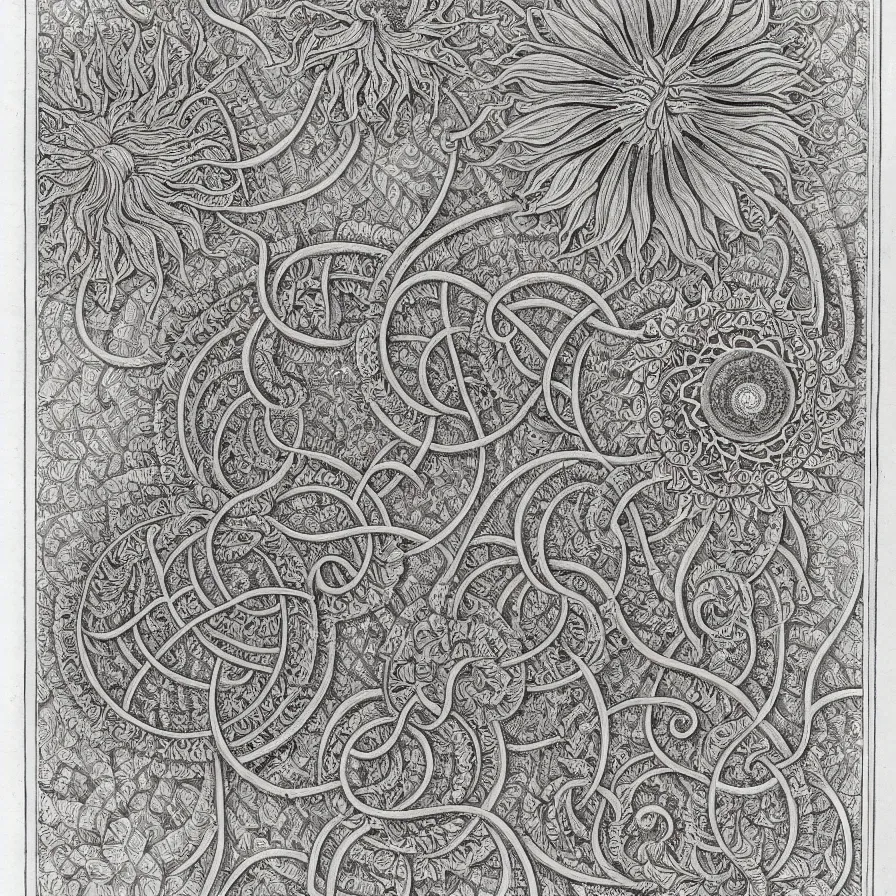 Prompt: an ornate illustration in the styles of mandalas and fractals, the styles of escher and penrose, depicting sunflowers and vines.