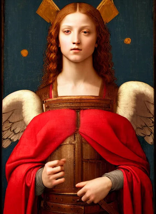 Image similar to a beautiful intricate renaissance painting portrait of a bulky short haired man angel aasimar paladin knight in an ornate completely red heavy armor with a shining heavenly sword and giant blue wings, by Raphael, Leonardo DaVinci, great masterpiece, award winning historic painting, dynamic composition, trending on artstation,4k, 8k