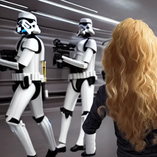Image similar to 5 foot 7 woman with medium long dirty blonde wavy hair being captured by stormtroopers, highly detailed, high definition, ultra realistic