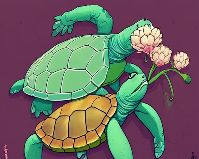 Image similar to cell shaded cartoon of a realistic turtle with a flower bulb growing out of its back. full body, concept art by josan gonzales and wlop, by james jean, victo ngai, david rubin, mike mignola, deviantart, art by artgem