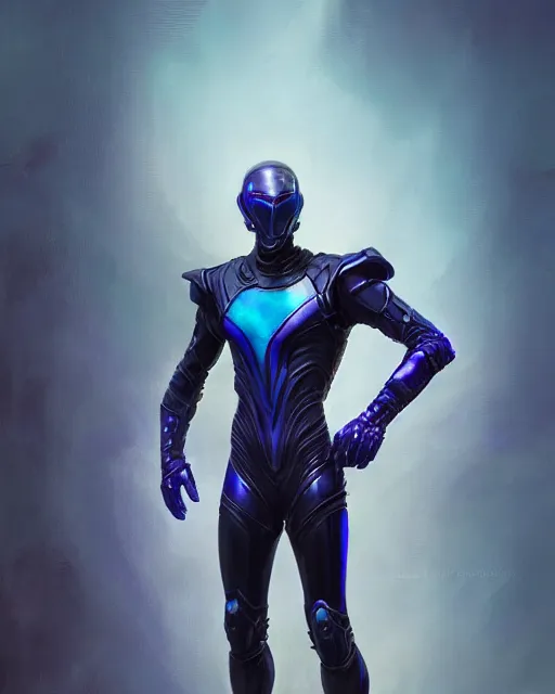 Image similar to character concept of iridescent sinewy smooth male muscular sleek glossy indigo black pearlescent scifi armor with smooth black featureless helmet, by greg rutkowski, mark brookes, jim burns, tom bagshaw, magali villeneuve, trending on artstation