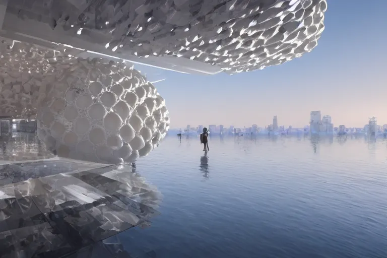 Image similar to a building interior formed by the intersection and fusion of many multi white spherical egg shaped spaces, on the calm lake surface, people's perspective award winning, highly detailed 4 k art, dusk, unreal engine highly rendered, global illumination, radial light, internal environment by kazuyo sejima