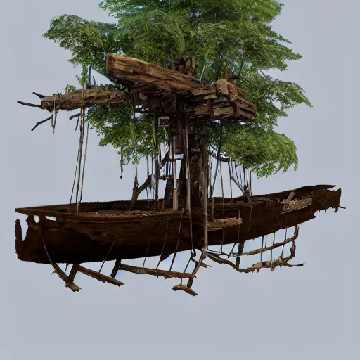 Prompt: Wrecked wooden ship on the top of jungle trees, 8k, detailed, concept art, trending on artstation