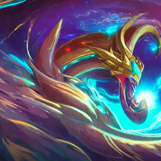 Image similar to Aurelion Sol from League of Legends looking down at Earth from space, riot games art, digital art, trending on artstation, highly detailed