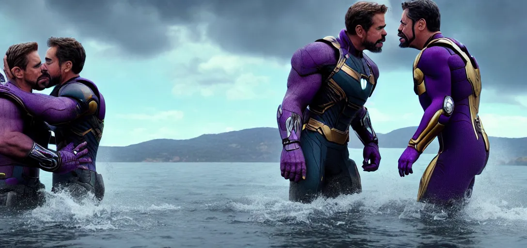 Image similar to a very high resolution image from a new movie. thanos kissing tony stark on a lake, photorealistic, photography, directed by wes anderson