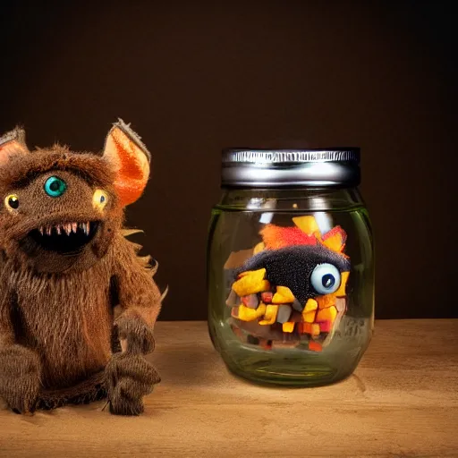 Image similar to Evil monster in a jar, product photography, centered, studio lightning