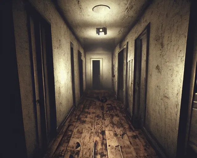 Image similar to Resident Evil 7, American gothic interior, wooden floor, atmospheric, nighttime scene, photorealistic narrow hallway with broken windows, horror