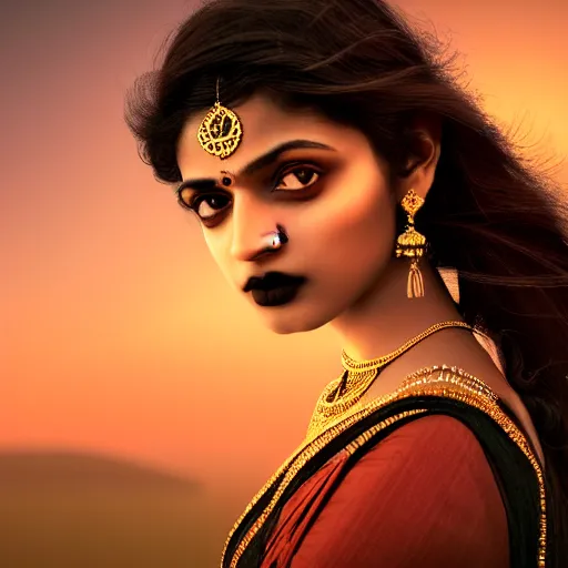 Image similar to photographic portrait of a stunningly beautiful gothic south indian female in soft dreamy light at sunset, contemporary fashion shoot, by edward robert hughes, annie leibovitz and steve mccurry, david lazar, jimmy nelsson, breathtaking, 8 k resolution, extremely detailed, beautiful, establishing shot, artistic, hyperrealistic, beautiful face, octane render