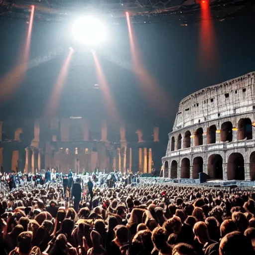 Image similar to maneskin playing at colosseum in rome, dark, crowd, 4 k