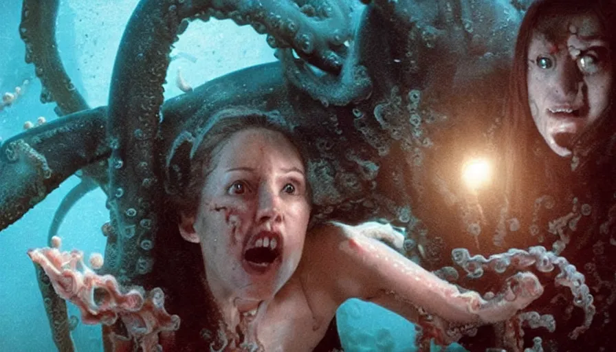 Prompt: Big budget horror movie, a woman watches in horror as a cyborg fights a giant squid