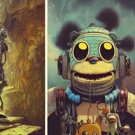 Prompt: cheburashka futurama furry cyberpunk apocalyptic portrait by gaston bussierre and charles vess and james jean and erik jones and rhads, inspired by rick and morty, epic, funny, huge scale, beautiful fine face features, intricate high details, sharp, ultradetailed