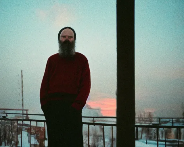 Image similar to lomo photo of 4 0 years russian man with beard and sweater standing on small hrushevka 9 th floor balcony full with cigarette smoke in winter taiga looking at sunset, cinestill, bokeh