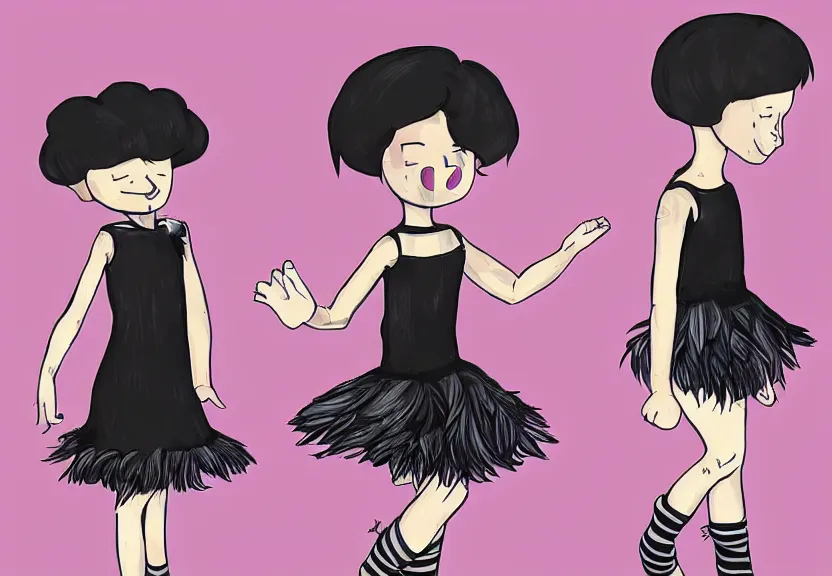 Image similar to beautiful little girl with a short black haircut wearing a dress made of black feathers, artwork in steven universe art style, anatomically perfect