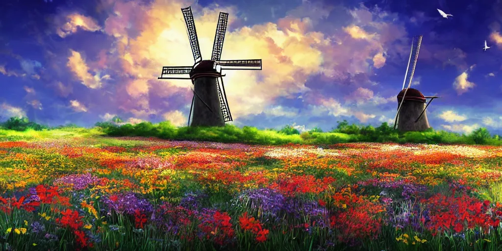 Image similar to scenic view of a flower meadow with a windmill, award - winning anime digital art